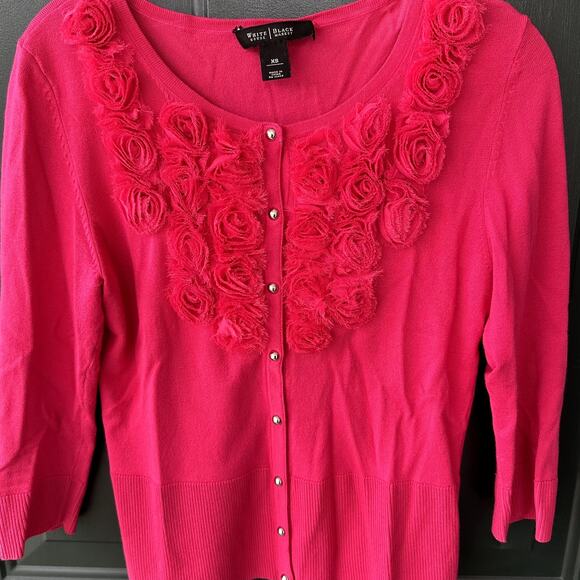 WHBM Sz XS Hot Pink Roses Rosettes Cardigan Sweater w/ Silver, Coquette Romantic - Picture 1 of 8